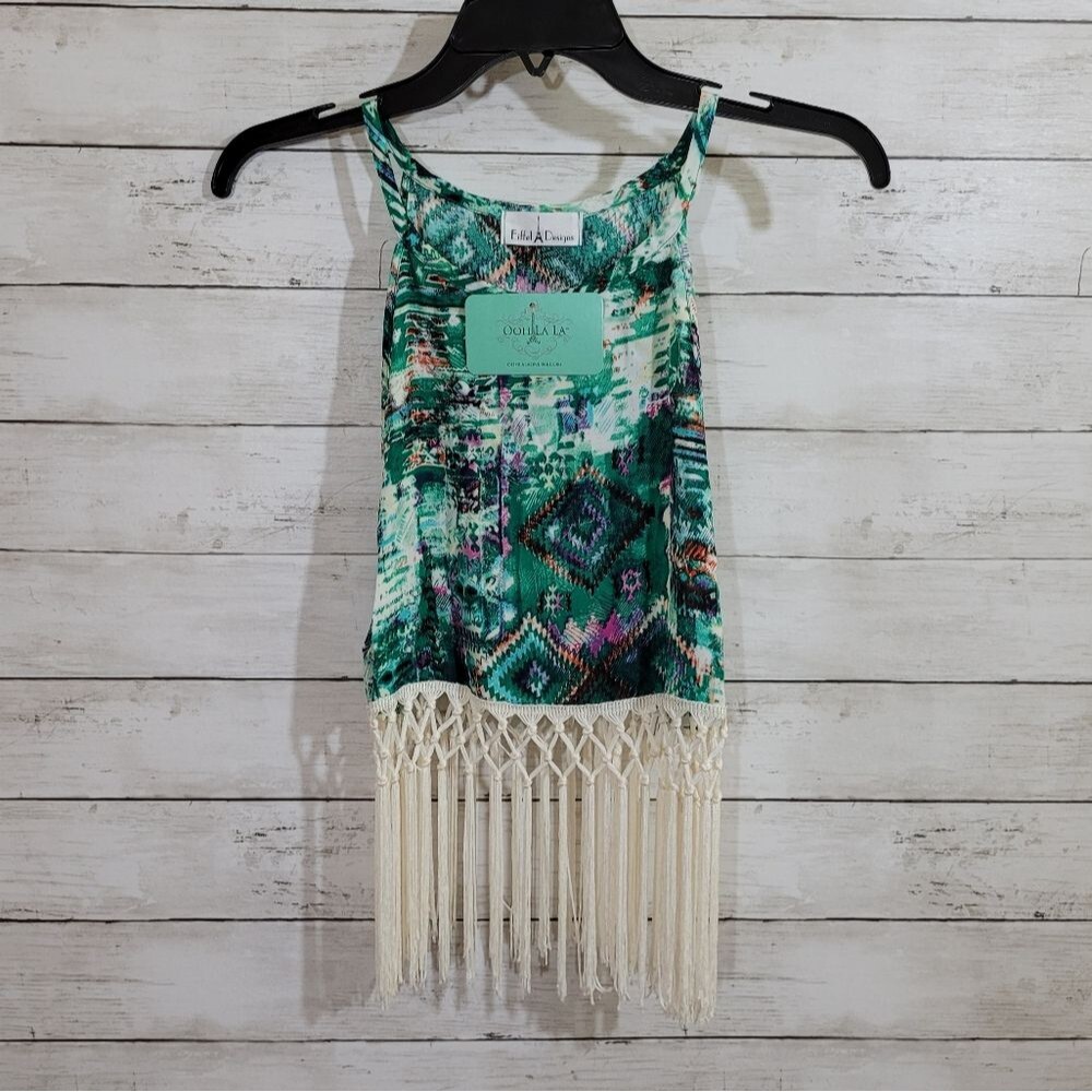 Boutique Aztec Print Tie Dye Crop Top‎ Macrame Style Fringe Sz Juniors Small
